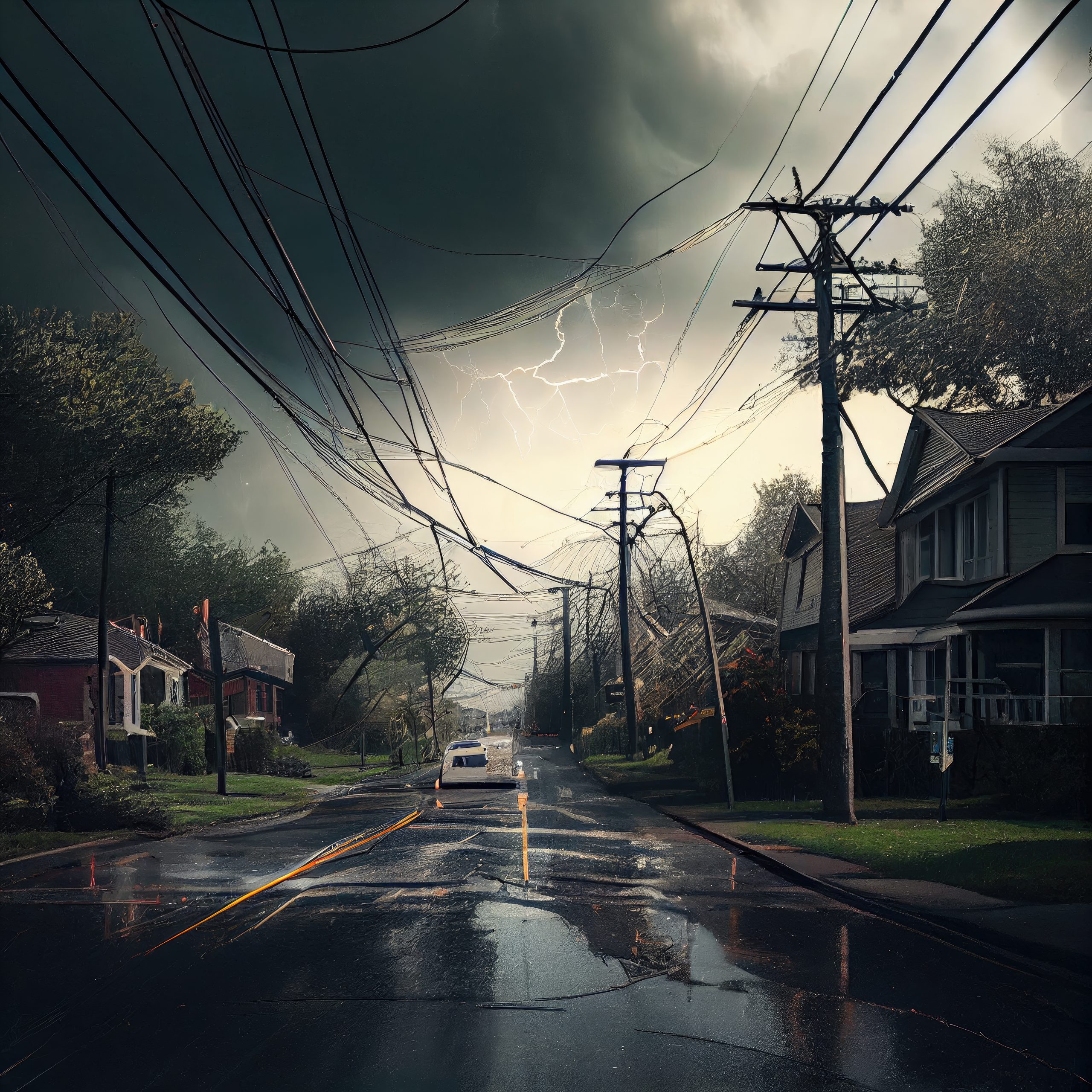 suburban street with overhead power line of broken wires during rainfall and thunderstorm